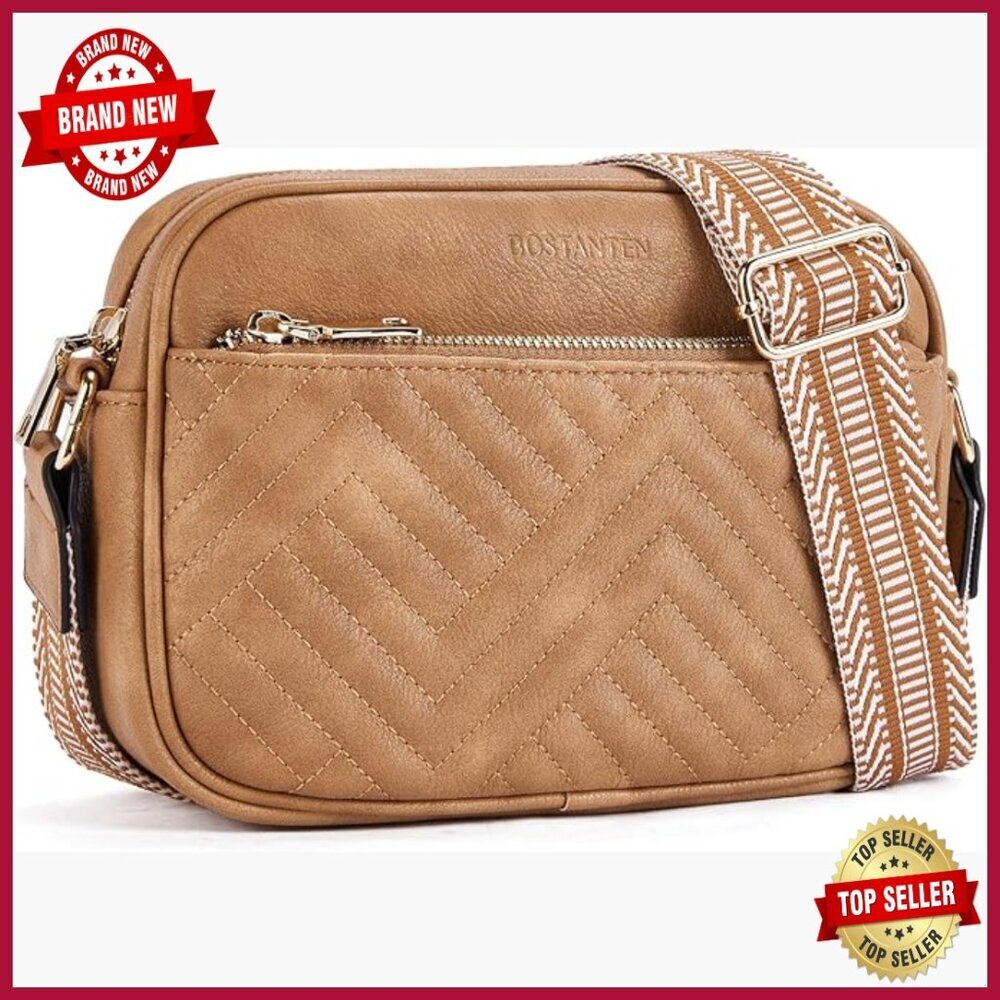 Small Vegan Leather Crossbody Bag with Wide Strap & Multiple Pockets